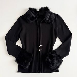 Fox fur trim ribbed cardigan